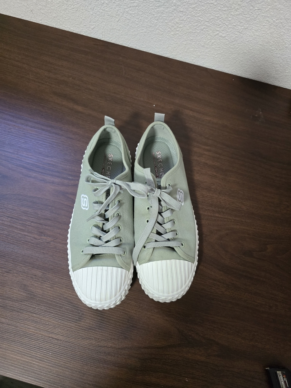 Skechers Women’s Sage Green Canvas Lace-Up Sneakers with White Toe